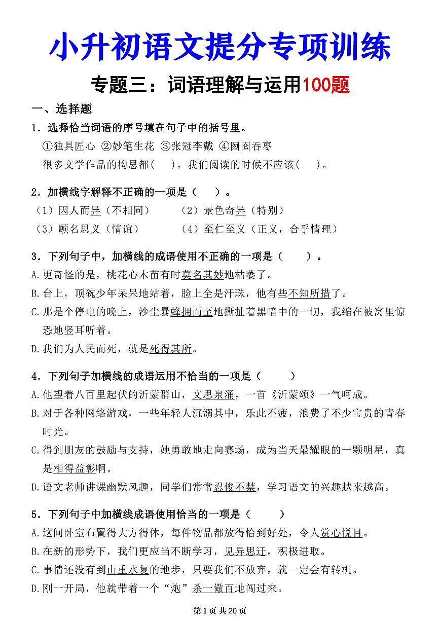 小升初语文提分专练03 词语理解与运用第1页
