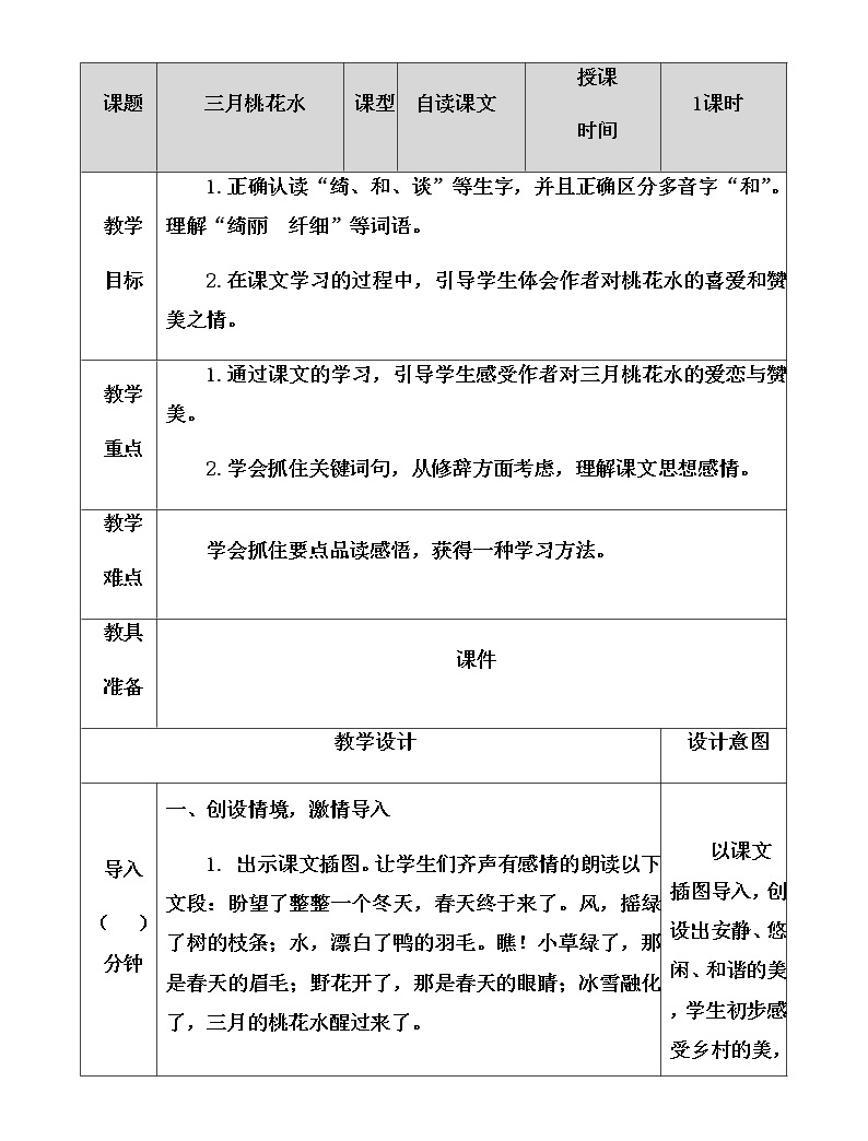 人教部编版四年级下册4* 三月桃花水教案设计