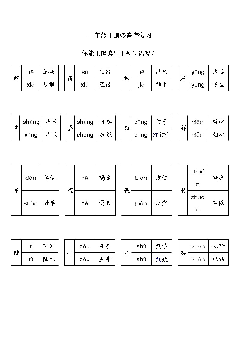 部编版二年级下册语文多音字复习 学案01