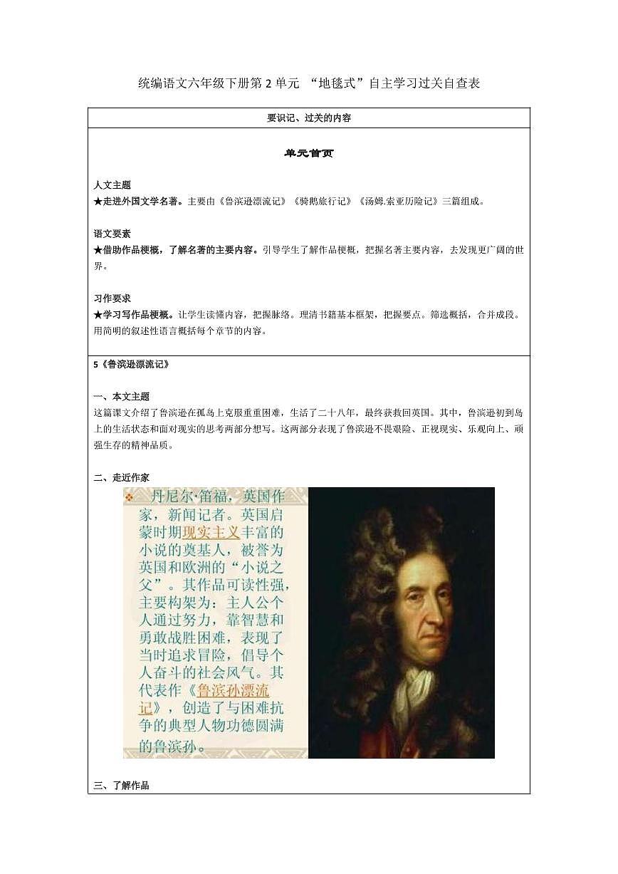 部編版六下語文第2單元 “地毯式”自主學習過關(guān)自查表第1頁