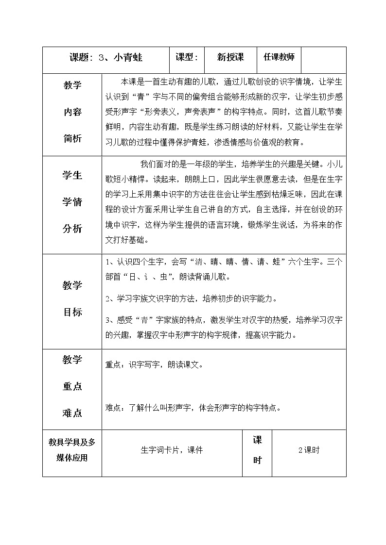 識(shí)字3、小青蛙 教學(xué)設(shè)計(jì)（含反思）第1頁(yè)