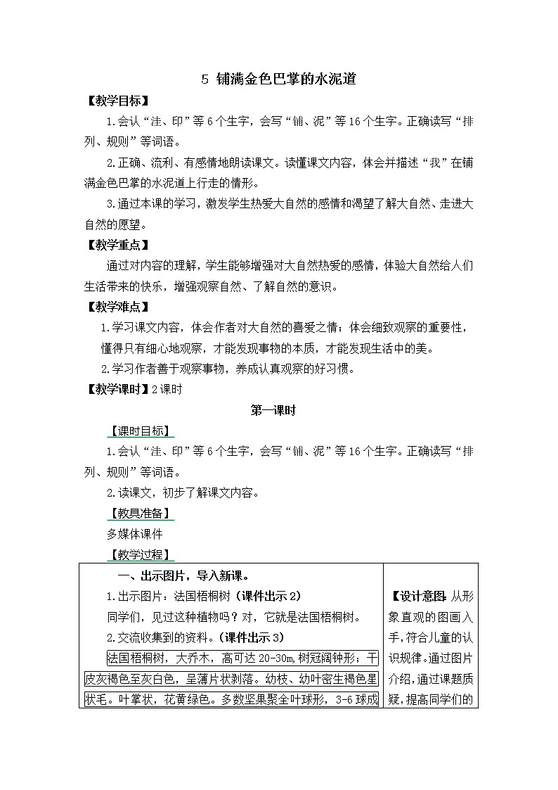 三年级语文上册第二单元5 铺满金色巴掌的水泥道 教案01