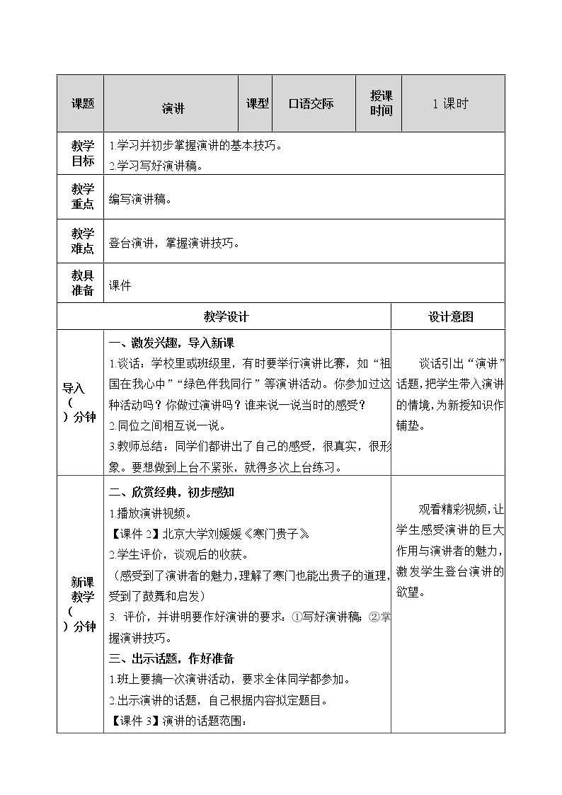 第二单元 口语交际：演讲 教案01