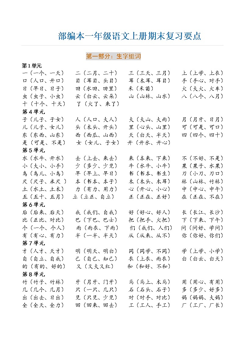 一年级语文上册期末复习重点全编(名校篇) 试卷01