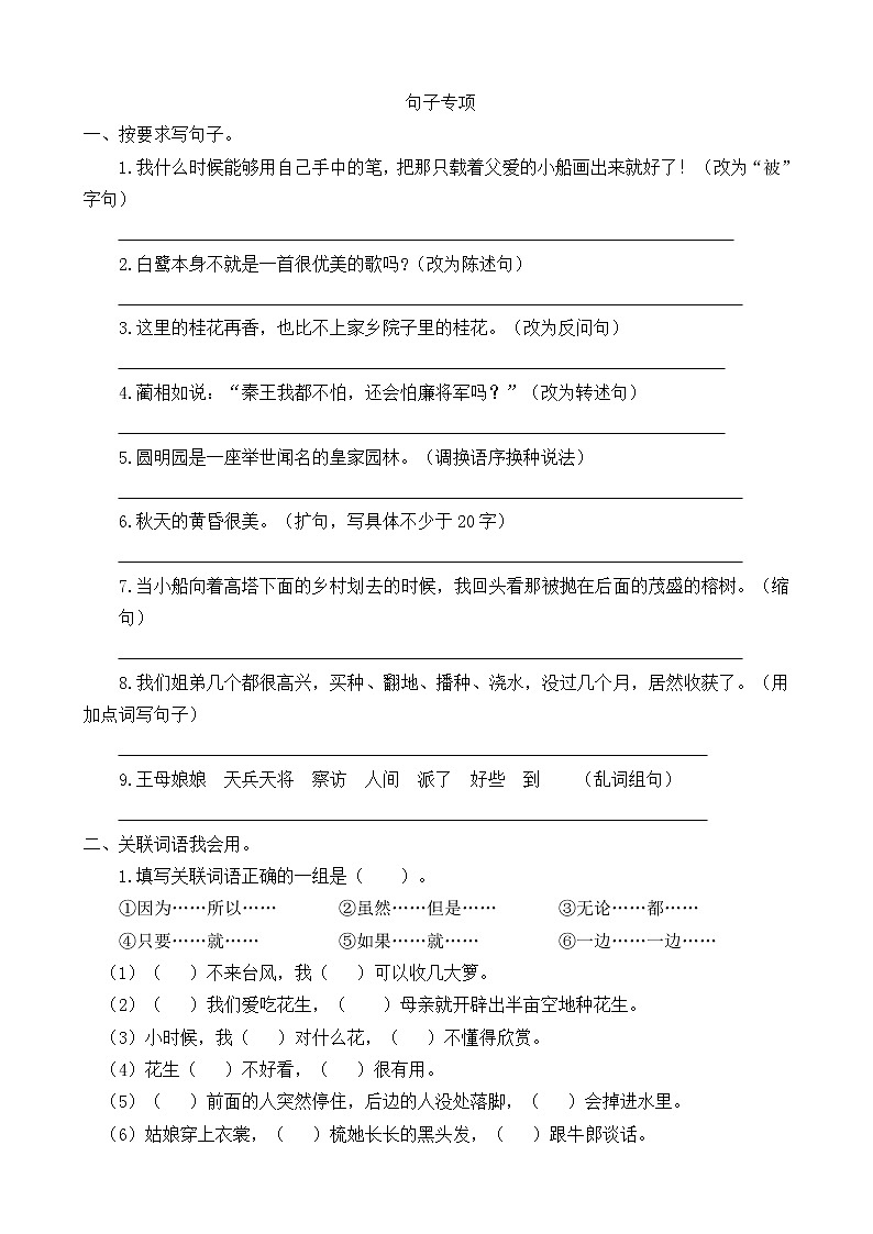 部编版五年级上-句子专项 练习01
