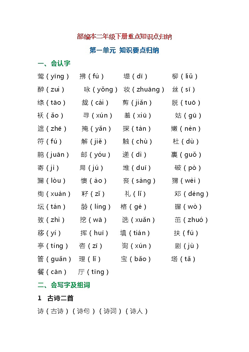 部编版二年级下册语文考试重点集合第1页