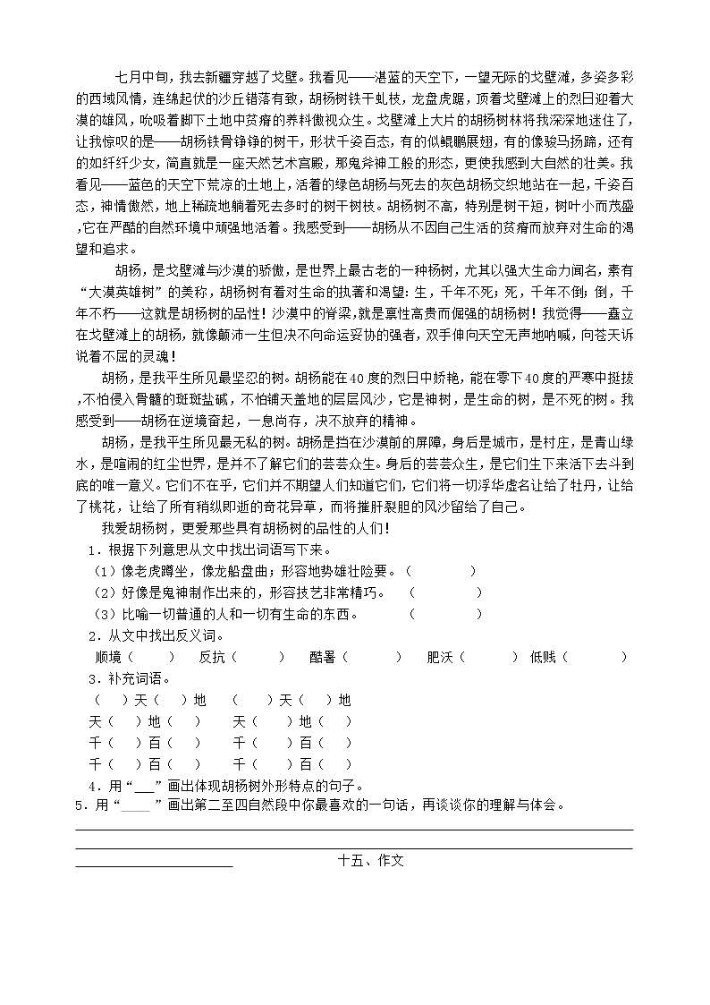 人教新课标小学五年级语文下册全套单元期中期末测试题 10份(含答案)03