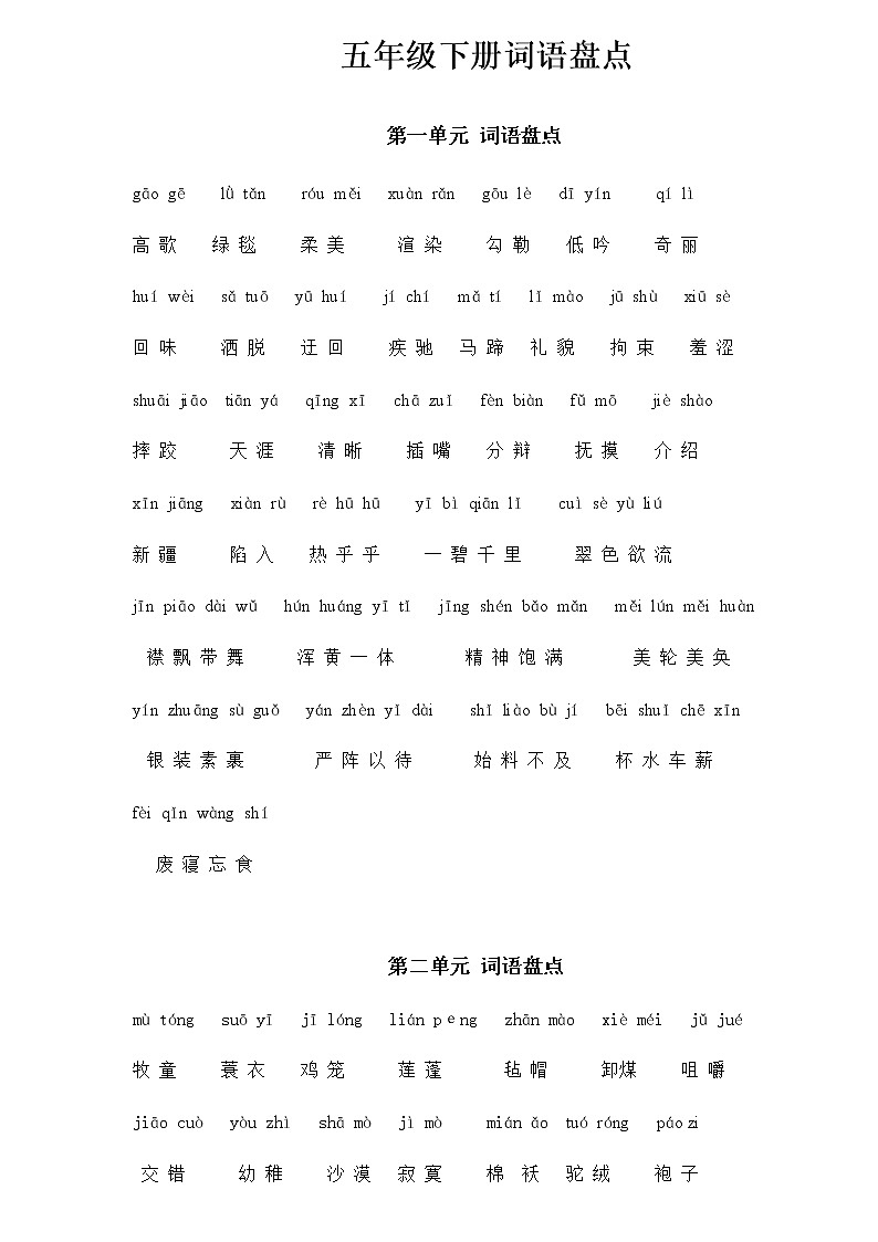 五年级语文下册专项练习:词语盘点1-8单元含拼音第1页