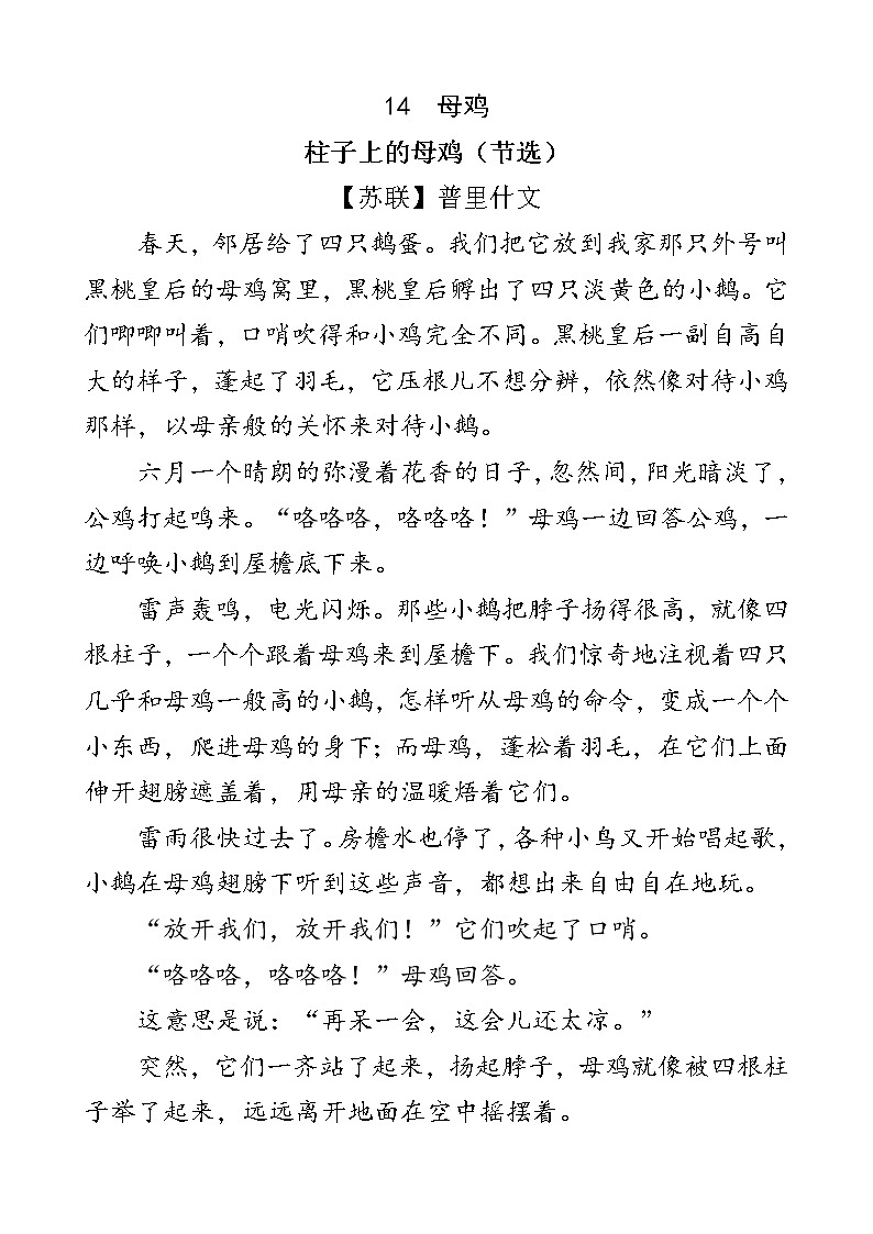 人教部编版四年级下册语文阅读专项训练 14 母鸡(word版,有答案)01