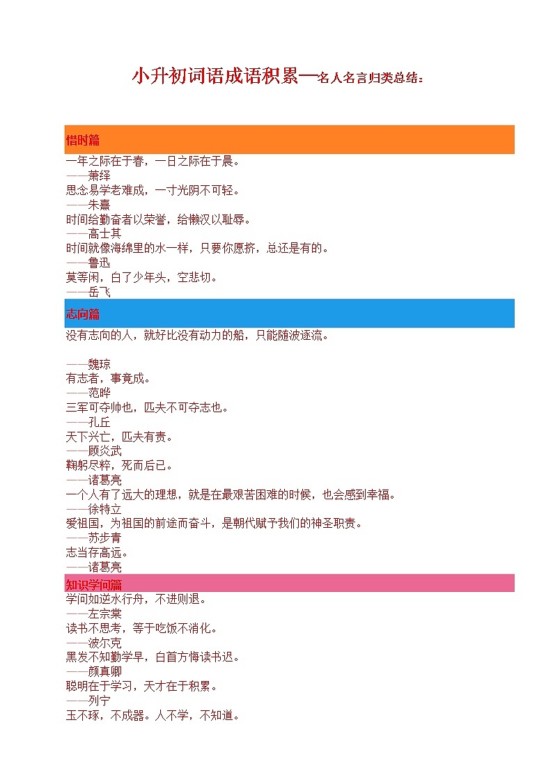 小升初词语成语积累名人名言归类总结 学案01