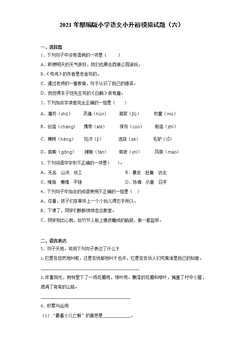 六年级下册语文试题 2020-2021学年小升初模拟试题(六) (含答案)部编版第1页