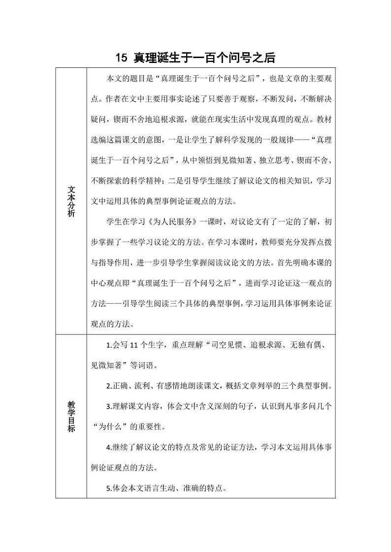 部编版人教版六年级语文下册《15真理诞生于一百个问号之后》教案教学设计小学优秀公开课3第1页