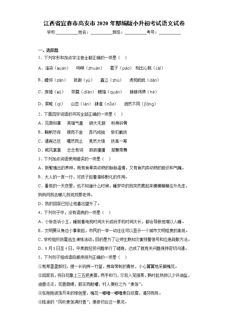 江西省宜春市高安市2020年部编版小升初考试语文试卷(word版 含答案)01