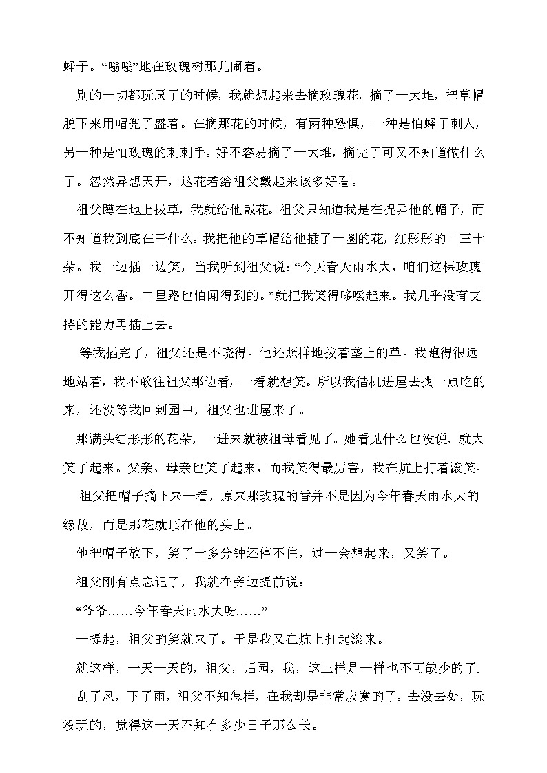 部编版五年级语文下册课课练一课一练 2.《祖父的园子》同步练习题03