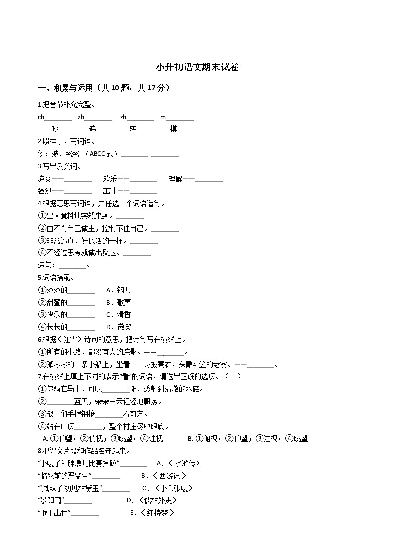贵州省小升初语文期末试卷101