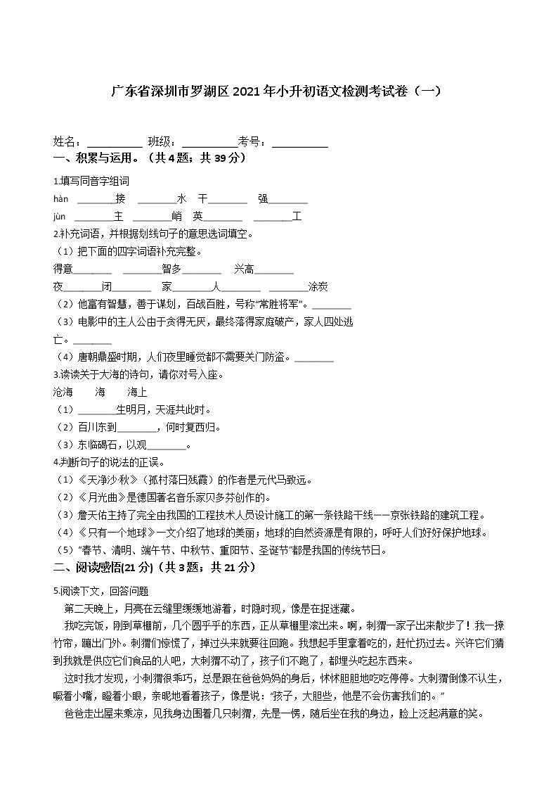 广东省深圳市罗湖区2021年六年级下册小升初语文检测考试卷（一）含答案部编版01