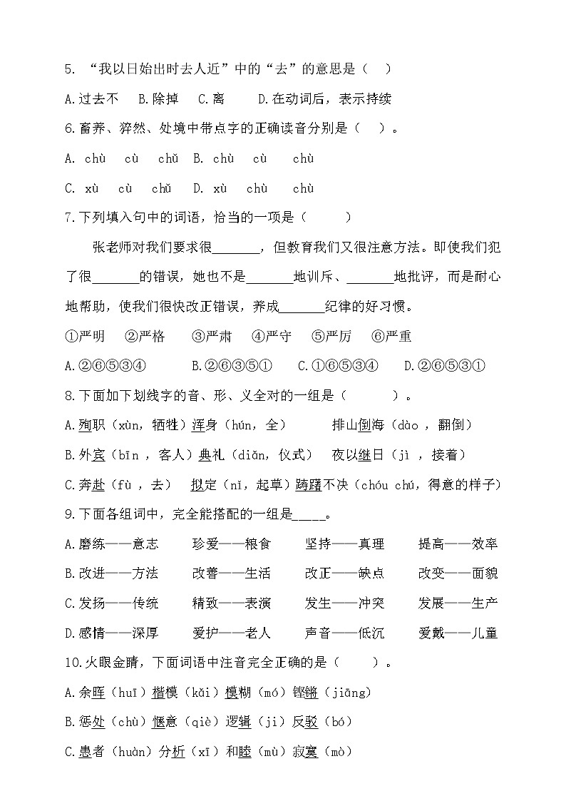 2021学年小升初语文字词考前冲刺卷-人教统编版(含答案)1第2页