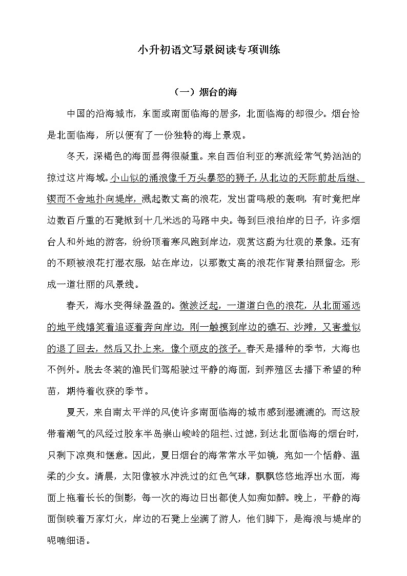 人教统编版小升初语文试题--写景阅读专项训练题(含答案)01