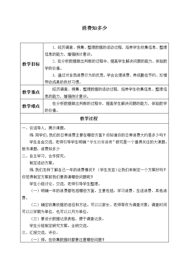 四年级数学上册 消费知多少_教案1 青岛版(五四制)01
