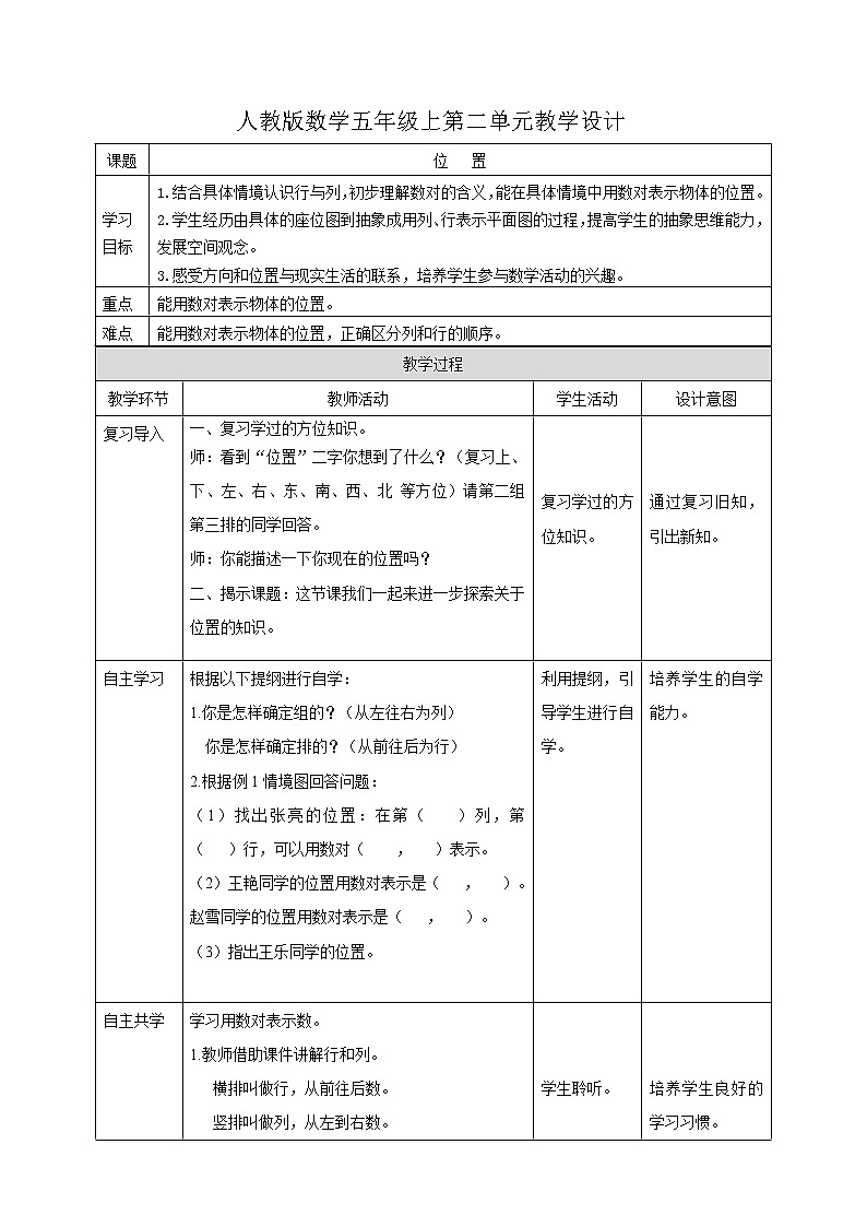 人教版数学五上第二单元《 位置》(课件+教案+同步练习)01