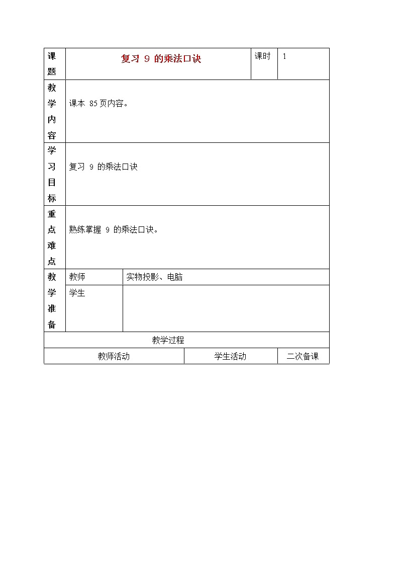 人教版二年级数学上册《9的乘法口诀》教案公开课教学设计 (12)01
