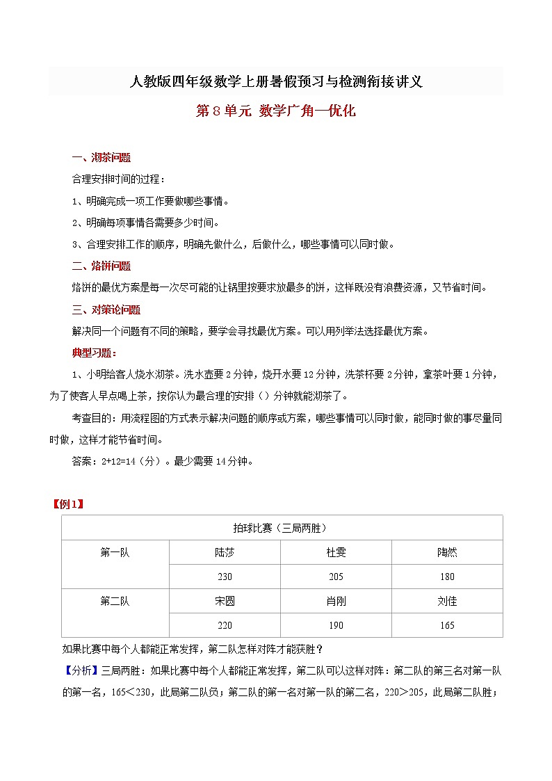人教新课标版 四年级数学上册暑假预习与检测衔接讲义 第8单元数学广角优化 (知识梳理+典例精析+同步检测) 含解析第1页