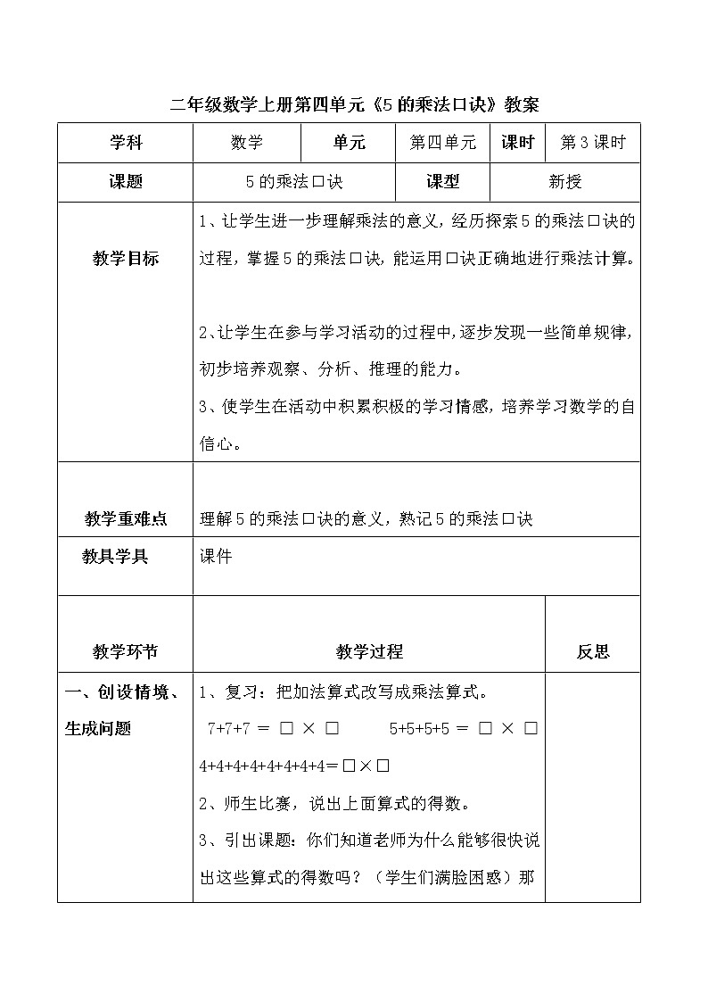 人教版二年级数学上册第四单元精品教案、课件、学案、课堂达标 课题名称:2.4.3《5的乘法口诀》01