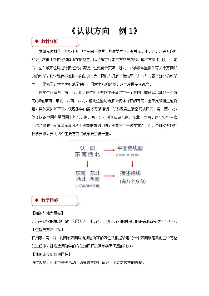 苏教版小学二年级数学下 认识方向 同步教案（共3课时）01