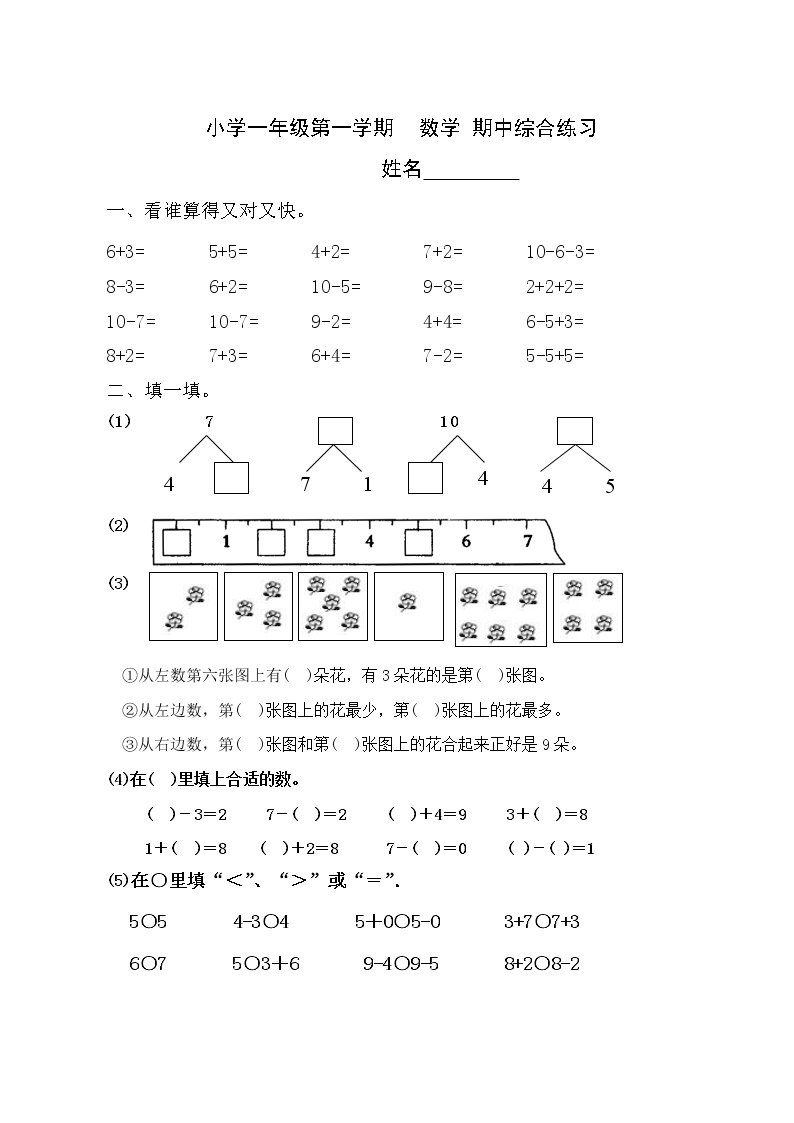 苏教版一上数学期中综合练习01