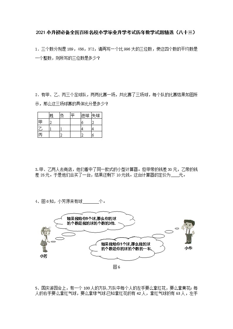 2021小升初必备全国百所名校小学毕业升学考试历年数学试题精选(八十三)第1页