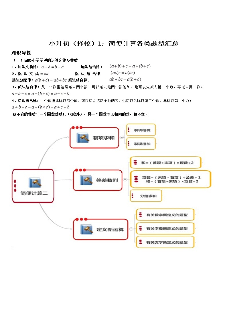 小升初择校专题讲义1:简便运算拓展(无答案)(全国版,通用)教案第1页