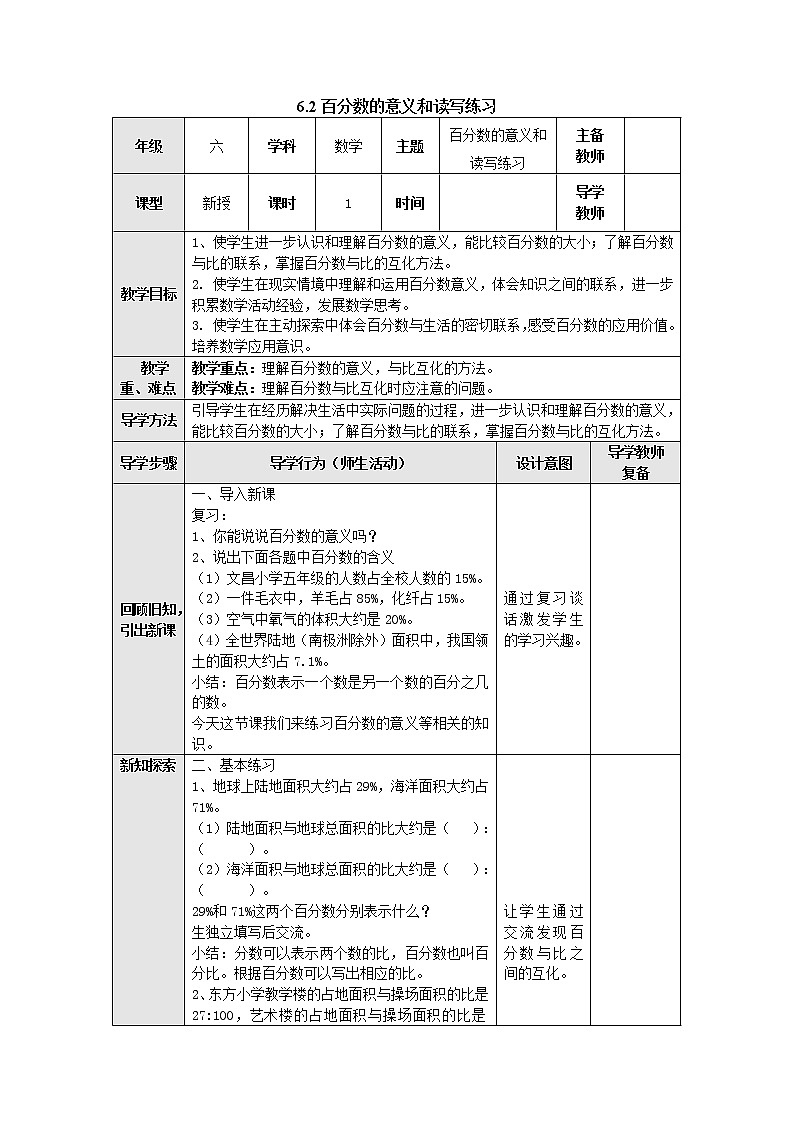 6.2百分?jǐn)?shù)的意義和讀寫(xiě)練習(xí) 教案--六年級(jí)數(shù)學(xué)上冊(cè)-蘇教版第1頁(yè)