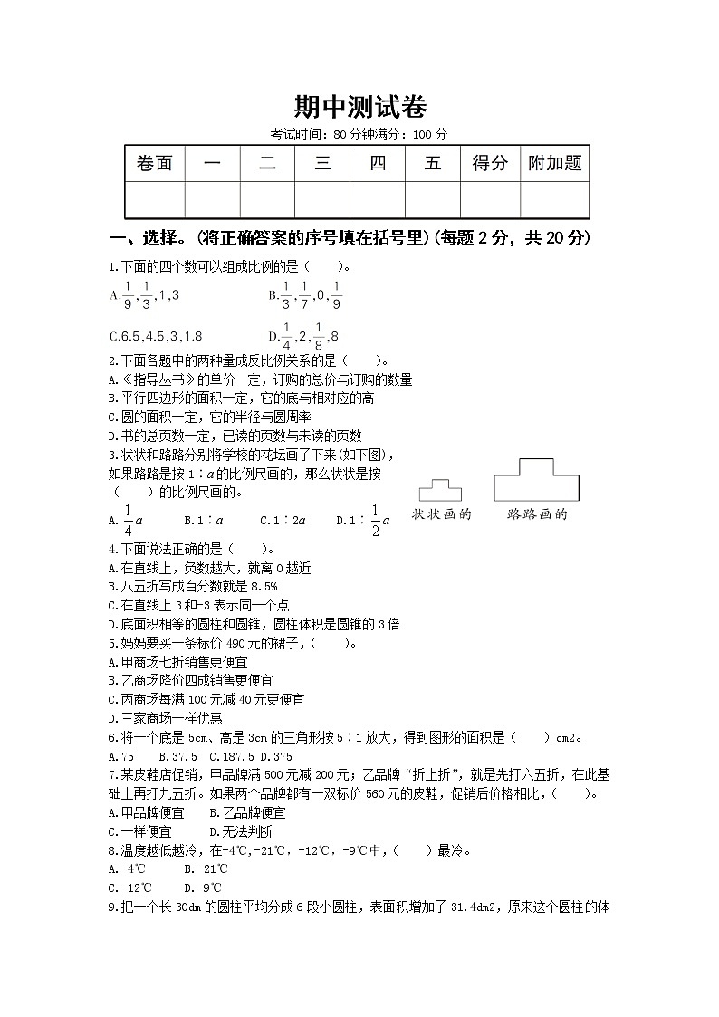人教版数学六年级下册期中测试卷第1页