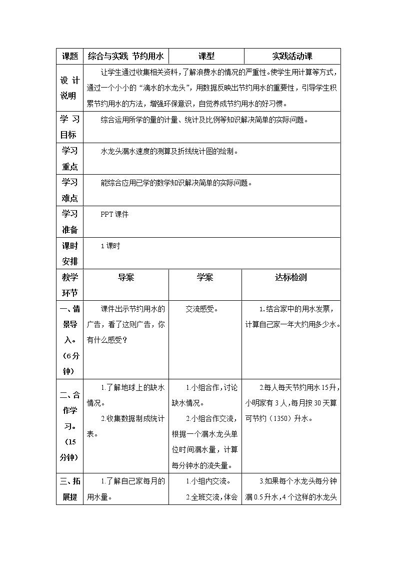 人教版六年级上册 综合与实践 节约用水 导学案01