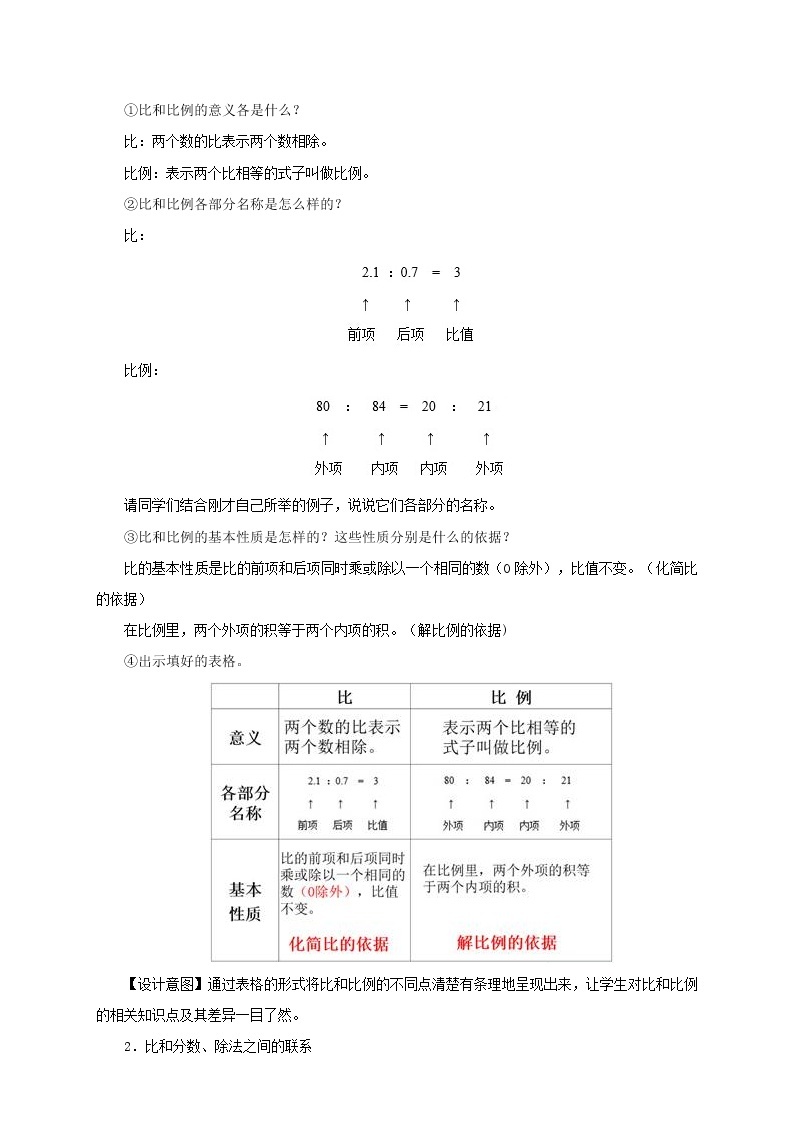 （北京版）六年级数学下册教案 比和比例复习课 教学设计02