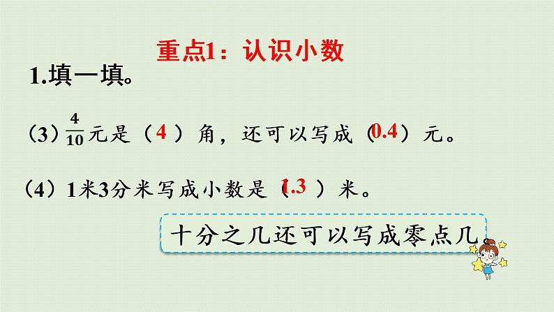 人教版三年级数学下册 9总复习 第3课时 小数的初步认识 课件04