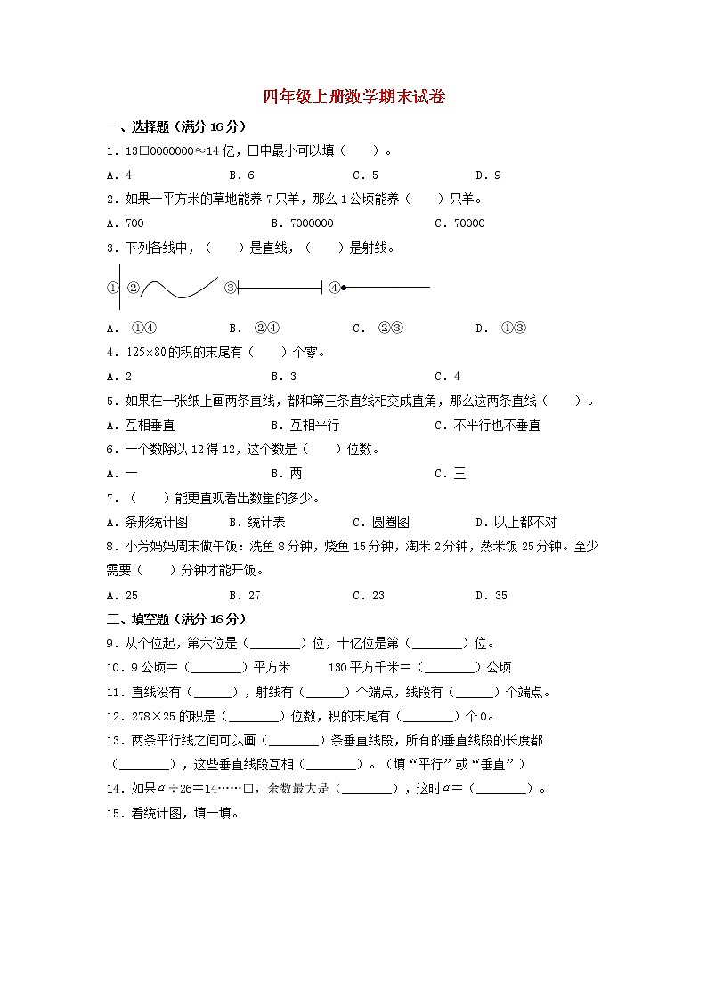 【期末试卷】2021-2022学年数学四年级上册数学期末试卷 人教版(含答案) (2)第1页