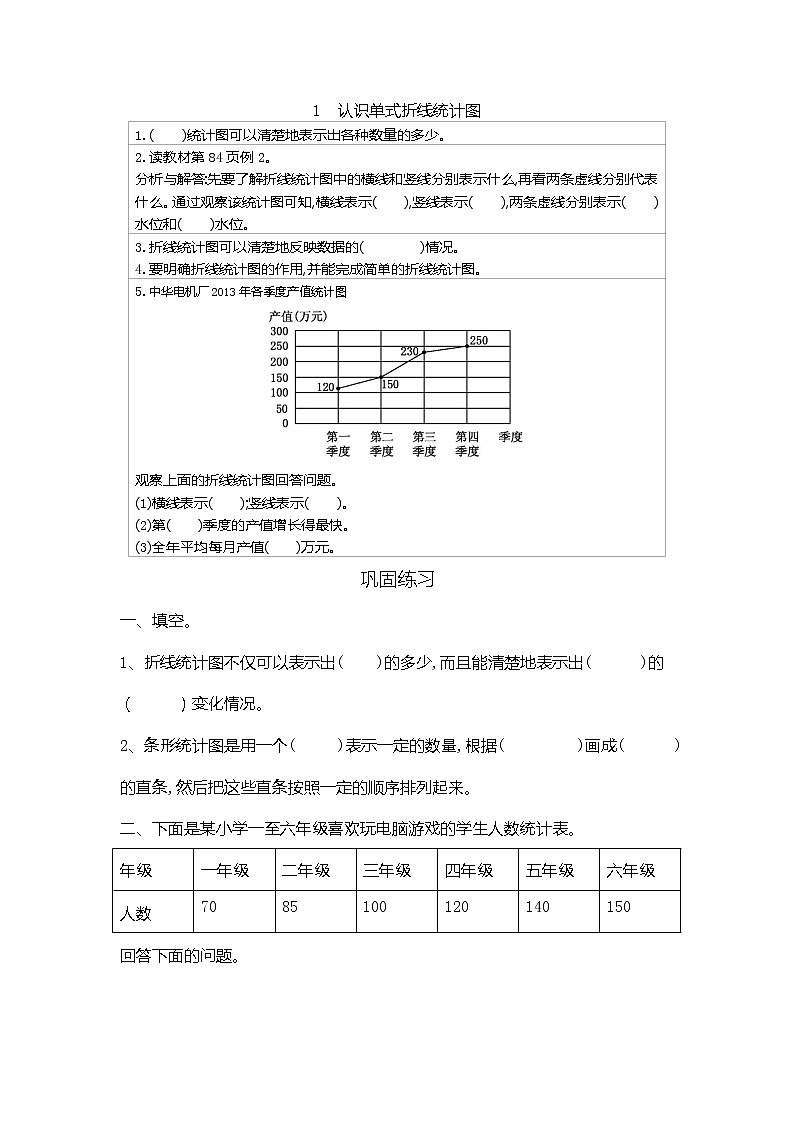 冀教版五年级下册第7单元 折线统计图 讲义+练习(含答案)01