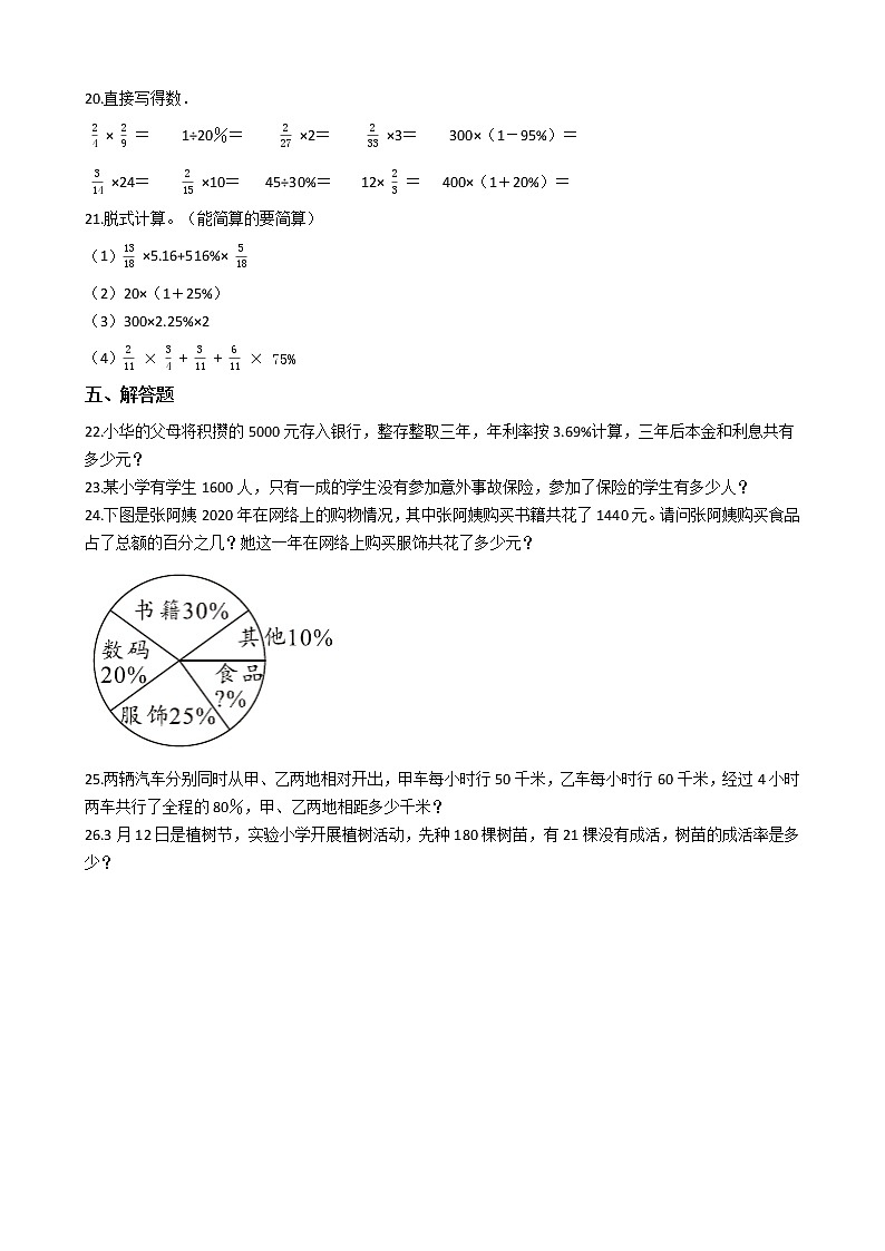 2021-2022学年苏教版数学六年级上册 第六单元百分数测试卷(A)第2页