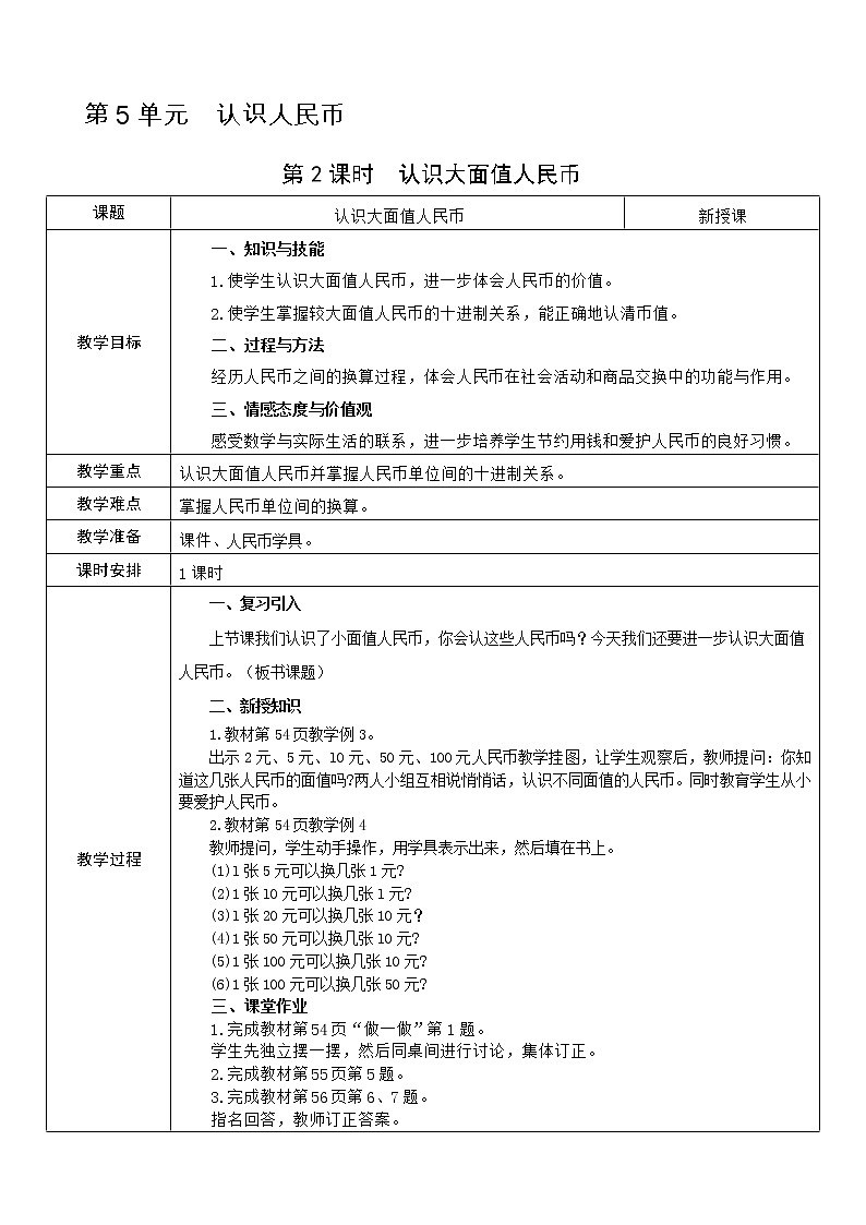 人教版数学 一年级下册 第5单元 教案: 认识人民币01
