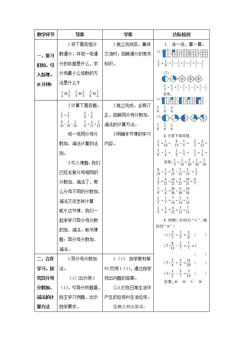 人教版数学五年级下册第六单元 第1课时 异分母分数加、减法(1) 导学案02