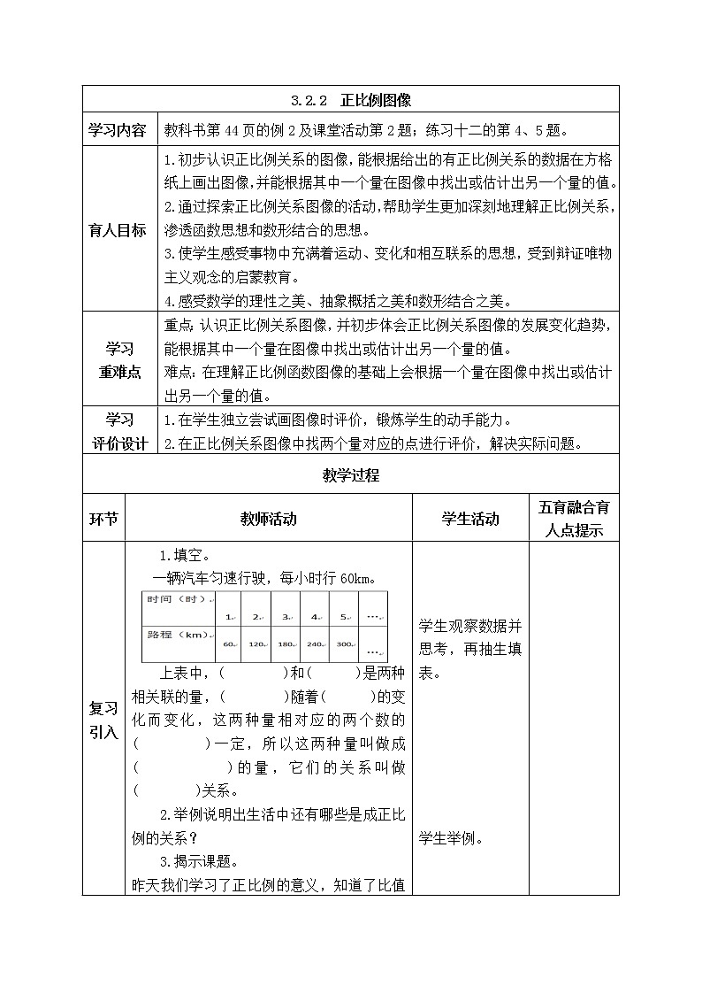 西师大版数学六年级下册《3.2.2 正比例图像》表格式教案01