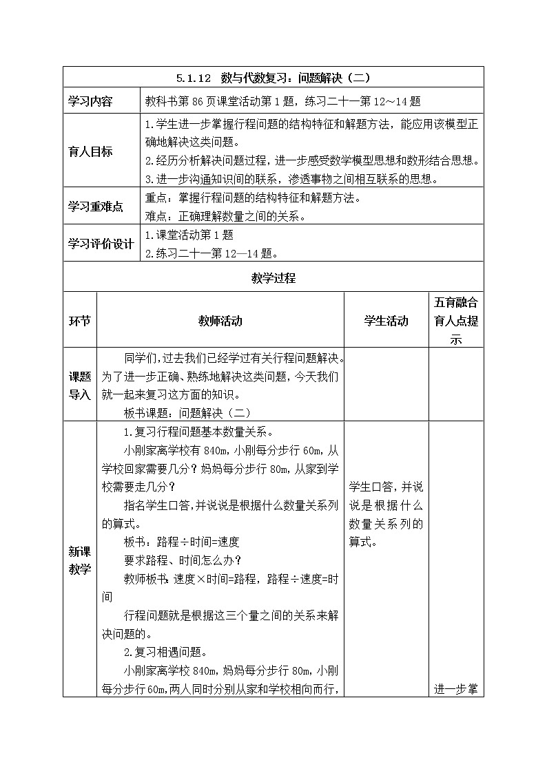 西师大版数学六年级下册《5.1.12 数与代数复习:问题解决(二)》表格式教案第1页