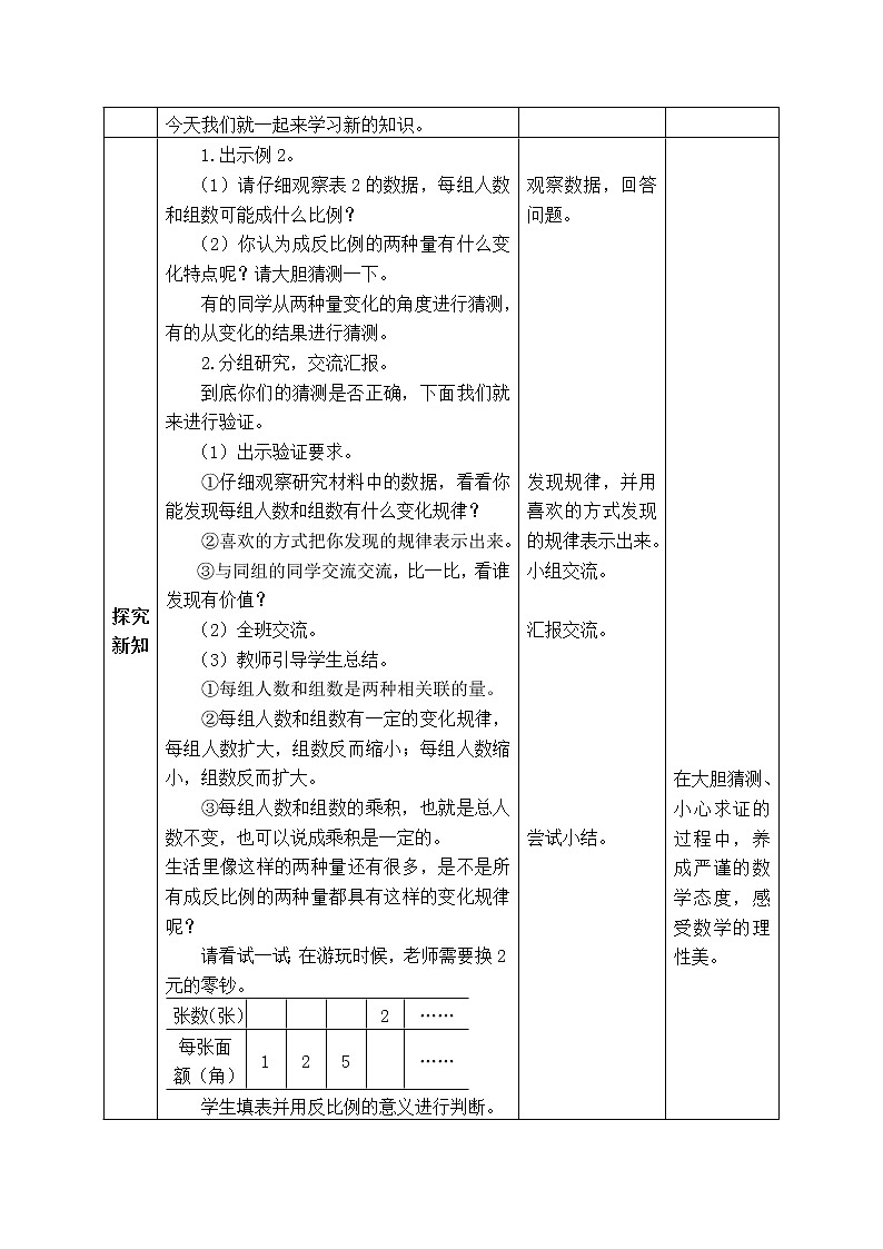 西师大版数学六年级下册《3.3.1 反比例的意义》表格式教案第2页