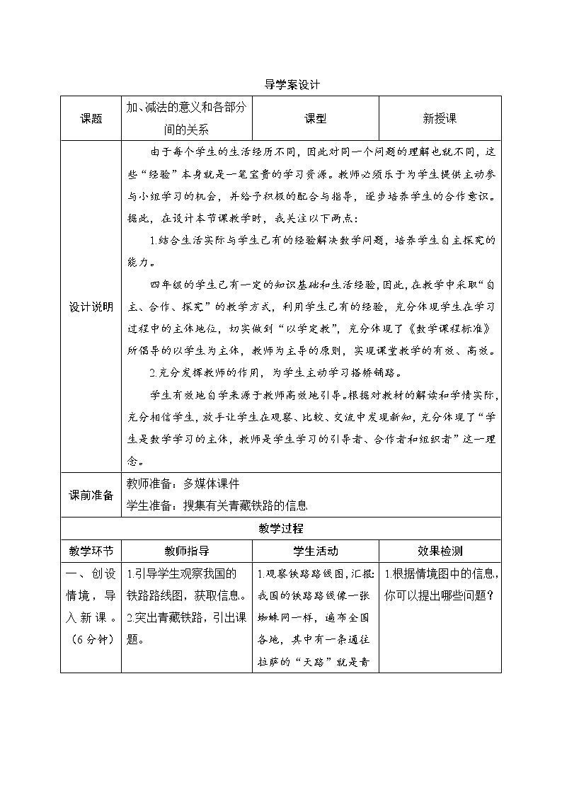 1.1《加、减法的意义和各部分间的关系》课件+教案+练习+导学案+备课方案01