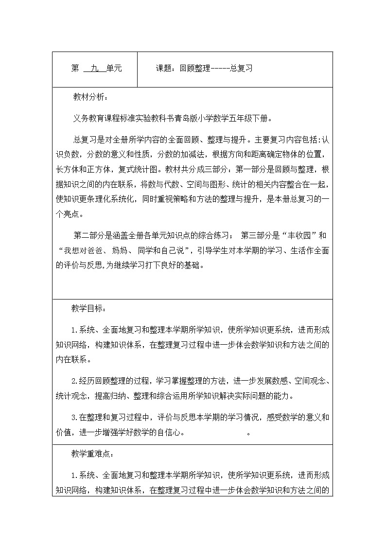 回顧整理第1課時(shí)教案 青島版(六三制)小學(xué)數(shù)學(xué)五下第1頁(yè)