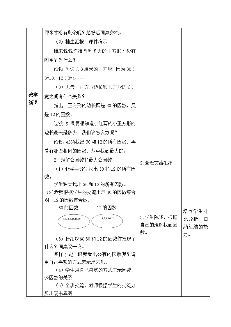 西师版五年级下册数学《1.4.1   公因数和最大公因数》表格式教案02