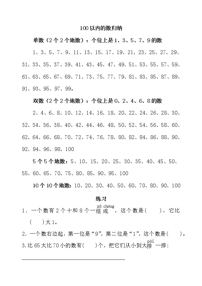 蘇教版一年級(jí)數(shù)學(xué)（下冊(cè)）100以?xún)?nèi)的數(shù)的歸納練習(xí)題第1頁(yè)