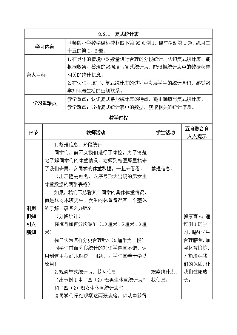 西师版四年级下册数学《8.2.1 复式统计表》表格式教案01