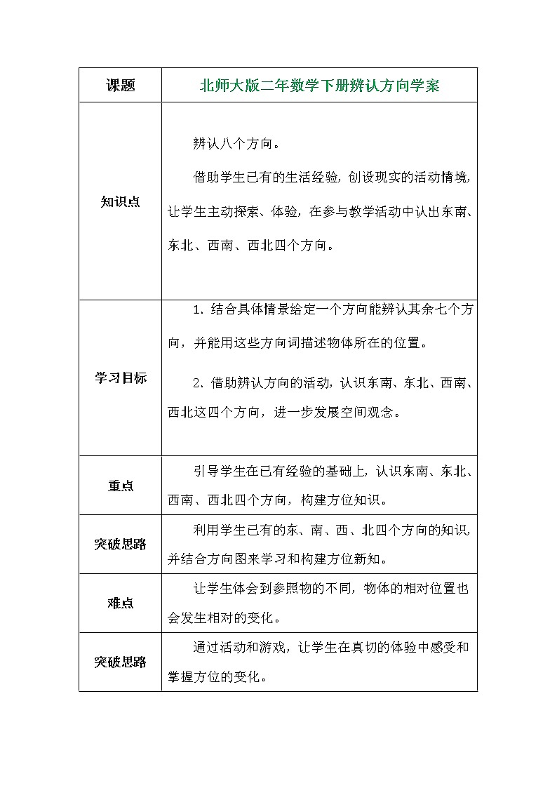 北师大版二年数学下册辨认方向学案01
